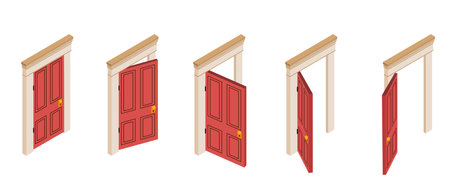 Isometric door opening set. Entrance to home, house por office. Facade and exterior. Pack of doorways with red wooden door. Volumetric vector collection isolated on white backgroundのイラスト素材