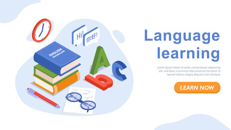 Isometric language learning poster. Stack of books with letters and pencil. Knowledge and information. Examination and test. Education and training. Landing page design. 3D vector illustrationのイラスト素材