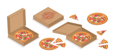 Isometric pizza set. Traditional italian fast food and cuisine. Slice of takeaway eating. Homemade bakery and pastry products. 3D vector collection isolated on white backgroundのイラスト素材