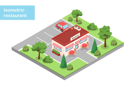 Isometric restaurant building. Cafe or restaurant. Urban infrastructure. Catering service with fast food and takeaway eating. Volumetric vector illustration isolated on white backgroundのイラスト素材