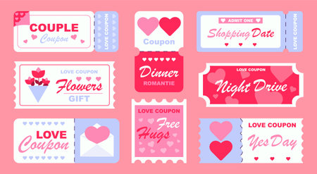 Love coupons set. Romantic gift and present. Voucher and ticket. Valentines Day 14 February. Surprise for boyfriend or girlfriend. Flat vector collection isolated on pink backgroundのイラスト素材