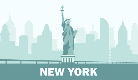 Skyline of New York. National american Landmark. Skyscapers and buildings. Urban architecture and cityscape. Silhouette of city. Template and layout. Flat vector illustrationのイラスト素材