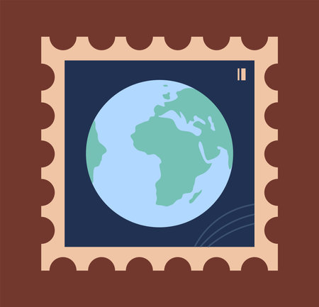 Stamp from country. Planet Earth. Travel and tourism. Pack for philatelist. Holiday and vacation. Poster or banner for website. Flat vector illustration isolated on brown backgroundのイラスト素材