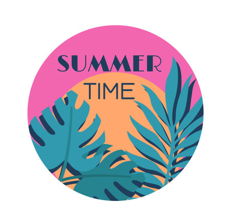 Summer time sticker. Tropical and exotic leaves. Travel and holiday, vacation. Seasonal party. Graphic element for website. Flat vector illustration isolated on white backgroundのイラスト素材