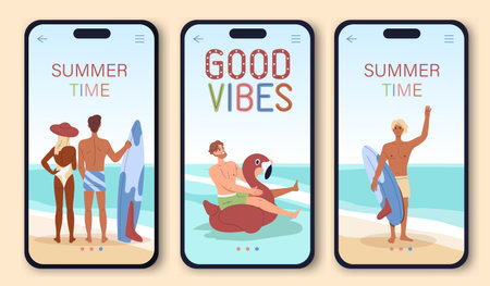 Summer time mobile app set. Holiday and vacation, journey. People at coastline with surfboard. Tropical and exotic countries. Flat vector collection isolated on beige backgroundのイラスト素材