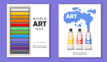 World art day posters set. Palette with tubes with paints. Artists color and paint for drawing. Creativity and artwork. Cover or banner. Flat vector collection isolated on violet backgroundのイラスト素材