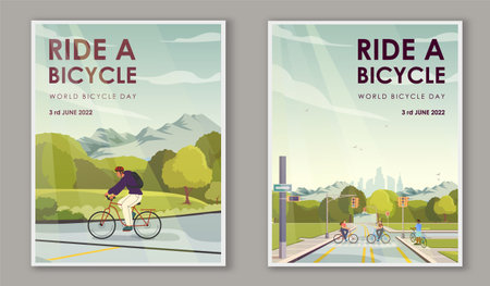 World bicycle day posters set. Ciclysts at city streets. Walk in city park and streets. Active lifestyle and environmentally friendly transport. Flat vector collection isolated on grey backgroundのイラスト素材