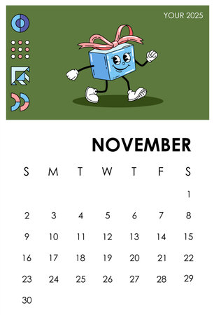 Calendar page 2025 November. Giftbox character. Autumn season month. Planner and organizer. Scheduling and planning. Week and month. Booklet and brochure. Flat vector illustrationのイラスト素材