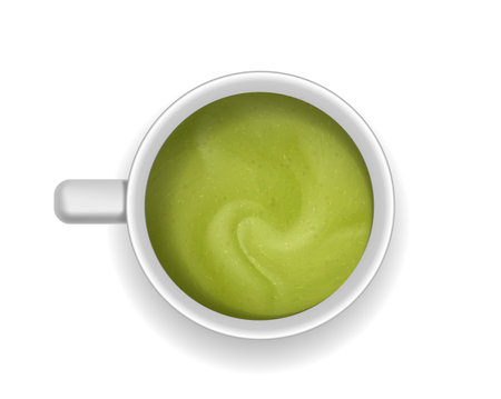 Realistic hot drink top view. Cappucino and mochachino, cafe. Ceramic cup or mug with green coffee. Aroma and beverage. Template and layout. 3D vector illustration isolated on white backgroundのイラスト素材
