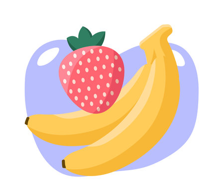Set of fruits. Banana and strawberry. Natural and organic fresh products with vitamins. Vegetarian ripe eating. Graphic element for website. Flat vector collection isolated on white backgroundのイラスト素材