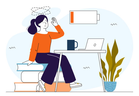 Tired woman at workplace. Young girl with low energy reading near laptop. Stress and mental burnout. Incorrect organization of work process. Linear vector illustration isolated on white backgroundのイラスト素材