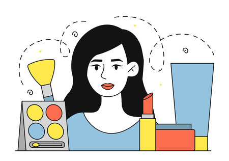 Woman with makeup. Young girl near brush, palettes and lipstick. Beauty and elegance, aesthetics. Dermatology and cosmetology, beauty procedures and skin care. Linear vector illustrationのイラスト素材