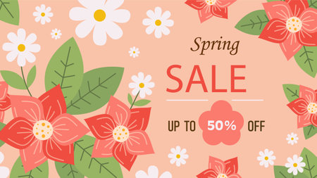 Spring sale poster. Special limited offer, discounts and promotions. Red flowers, bloom and blossom plants. Brochure flyer or booklet. Coupon for sales. Flat vector illustrationのイラスト素材