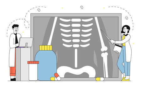 Doctors with Xray of ribs. Man and woman in medical uniforms near skeleton xray. Medicine and healthcare. Diagnosis and treatment. Linear vector illustration isolated on white backgroundのイラスト素材