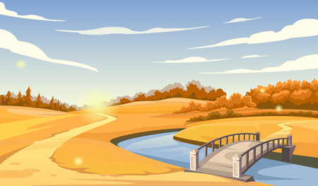 Autumn landscape with river. Beautiful natural panorama and landscape on fall season sunny day. Forest with hills and lawns. Wooden bridge across water. Flat vector illustrationのイラスト素材