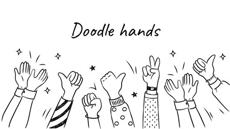 Doodle hands set. People raise their hands up and show thumbs up. Expression and emotions, feelings. Arms and palms. Linear vector illustration isolated on white backgroundのイラスト素材