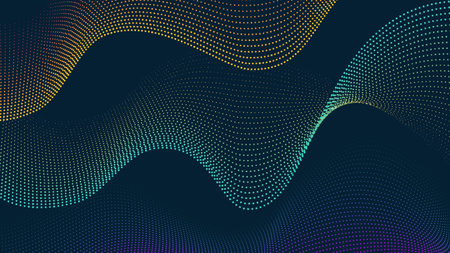 Halftone corolful waves. Futuristic poster or banner with bright soundwaves. Song, melody and audio file. Motion and energy. Texture and wallpaper, background. Flat vector illustrationのイラスト素材