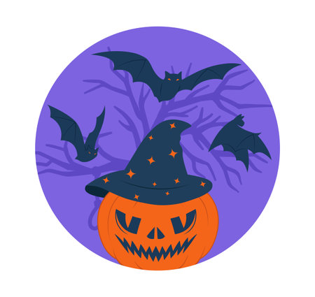 Sticker for Halloween. Pumpkin in witch hat with black bats. Autumnal international holiday of fear and horror. Trick or treat. Flat vector illustration isolated on white backgroundのイラスト素材