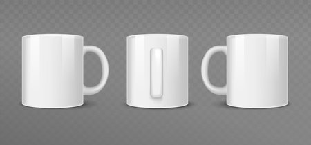 Realistic white mugs set. Cup for tea or coffee. Kitchen ceramics dishware for hot drinks. Teacup porcelain. Espresso and cappuccino. 3D vector collection isolated on transparent backgroundのイラスト素材