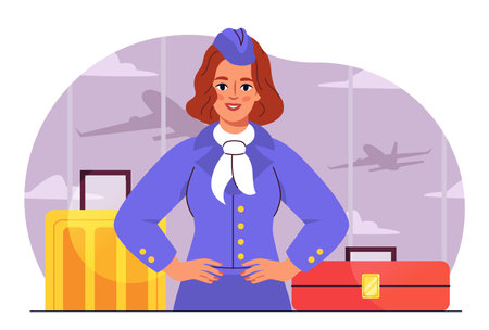 Stewardess in airport. Woman in uniform near red and yellow suitcase. Aircraft and aviation. Airplane crew. Airline worker. Travel and tourism, flight. Flat vector illustrationのイラスト素材