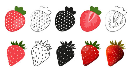 Strawberry icons set. Red, black and linear berries. Natural and organic fresh food with vitamins. Harvest and crop, ingredient. Flat vector collection isolated on white backgroundのイラスト素材