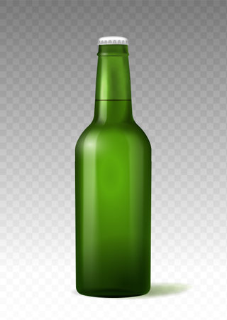 Realistic alcohol bottle. Green alcoholic package with beer. Menu for pub or bar. Package for alcoholic beverage. 3D vector illustration isolated on transparent backgroundのイラスト素材