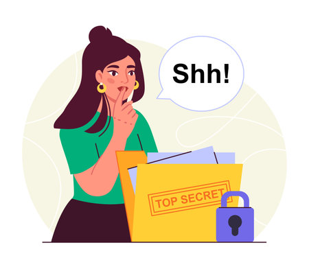 Woman with top secret file. Security and safety of personal information and data. Folder with secret documents. Archive and storage. Flat vector illustration isolated on white backgroundのイラスト素材