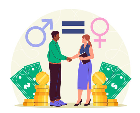 Gender equality salaries. Man and woman near banknotes and gender signs. Stop sexual discrimination. Equality and tolerance, feminism. Flat vector illustration isolated on white backgroundのイラスト素材