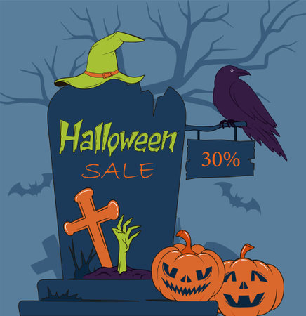 Halloween sale poster. Grave with zombie near pumpkins and witch hat. Autumn holiday of fear and horror. Crow on cemetery grave. Discounts and promotions. Flat vector illustrationのイラスト素材