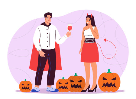People celebrate halloween. Man and woman in costumes with glass of wine and pumpkins celebrate international holiday of fear and horror. Dracula and demon. Flat vector illustrationのイラスト素材