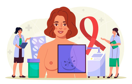 Mammologist with woman. Mammology and medicine. Healthcare and treatment. Anatomy and biology. Diagnosis of patient health. Flat vector illustration isolated on white backgroundのイラスト素材