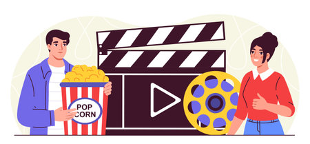 People with movie industry. Man with popcorn and woman with movie reel. Film industry and cinema production. Multimedia and cinematography. Flat vector illustration isolated on white backgroundのイラスト素材
