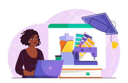 Woman with online courses. Young girl with designer education. Courses and webinar. Education and training, learning. Knowledge and information. Flat vector illustration isolated on white backgroundのイラスト素材