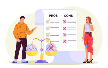 People with pros and cons. Man and woman make decisions. Young guy and girl near list with benefits and negatives. Dilemma and doubt. Flat vector illustration isolated on white backgroundのイラスト素材