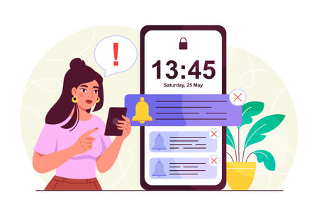 Woman with push notifications. Young girl with smartphone reading messages. Alarm and notification. Digital mobile application. Flat vector illustration isolated on white backgroundのイラスト素材