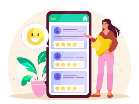 Woman with rating. Young girl with stars near smartphone with comments. Feedback and reviews. Customers ranking on internet. Flat vector illustration isolated on white backgroundのイラスト素材