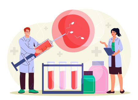 Doctors with reproductive health. Man and woman in medical uniform inseminate egg with syringe. Anatomy and biology. Female reproductive system. Healthcare and medicine. Flat vector illustrationのイラスト素材