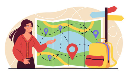 Woman with tourist route. Young girl near map with backpack. Hiking and camping, active lifestyle. Navigation and geolocation. Travel and tourism. Flat vector illustrationのイラスト素材