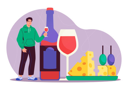 Man with wine. Young guy with glass of alcoholic drink near cheese. Person with alcohol and beverage. Winery and viticulture. Flat vector illustration isolated on white backgroundのイラスト素材