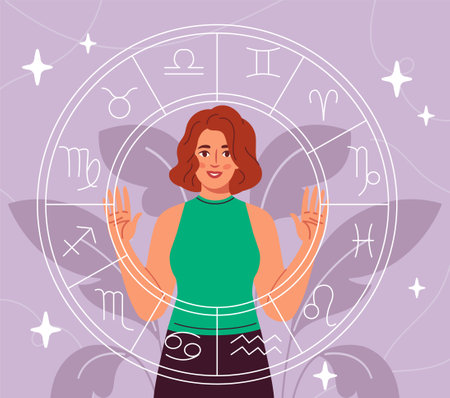 Woman with zodiac. Young girl with zodiac signs. Astrology and esoterics, mysticism. Wheel of constellations. Pisces, Sagittarius, Taurus, Gemini and Scorpio. Flat vector illustrationのイラスト素材
