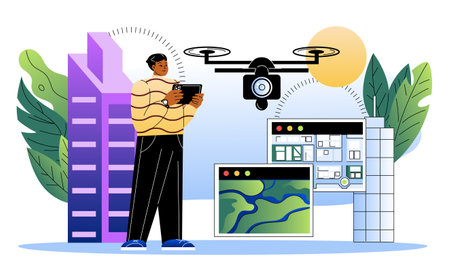 Man with aerial photography. Young guy controls drone with cameras. Camera and photography. Construction and architecture. Landscape photography. Flat vector illustration isolated on white backgroundのイラスト素材