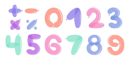 Balloon numbers set. Colorful letters and mathematical signs. Calculation and mathematics. Typescript and font. Graphic element for website. Flat vector collection isolated on white backgroundのイラスト素材