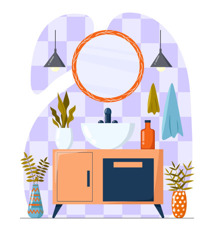 Modern bathroom concept. Sink with cosmetics. Creams and lotions, moisturizer. Cleanliness and hygiene. Scandinavian washbasin. Flat vector illustration isolated on white backgroundのイラスト素材