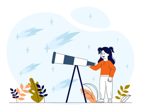 Child looks into telescope. Girl looks at stars in sky. Astrology and astronomy. Observation of constellation. Education and training. Linear vector illustration isolated on white backgroundのイラスト素材