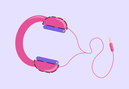 Classic 80s and 90s element. Pink headphones. Audio equipment for listening to music. Fashion and style. Sticker for social networks. Flat vector illustration isolated on violet backgroundのイラスト素材