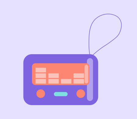 Classic 80s and 90s element. Video games and arcades. Gaming gadget and device. Fun and entertainment. Sticker for social networks. Flat vector illustration isolated on violet backgroundのイラスト素材