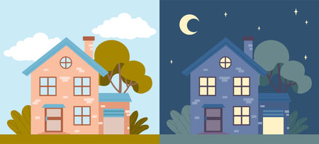 Day and night house. Cottage and townhouse. Countryside, city and town. Modern building at different times of day. Real estate and private property. Flat vector illustrationのイラスト素材