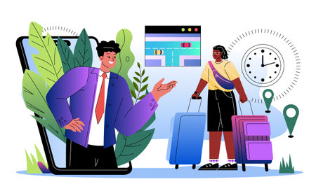 Drive service online. Man meets woman with two suitcases. Mobile application for ordering taxi. Travel and tourism, transportation. Flat vector illustration isolated on white backgroundのイラスト素材