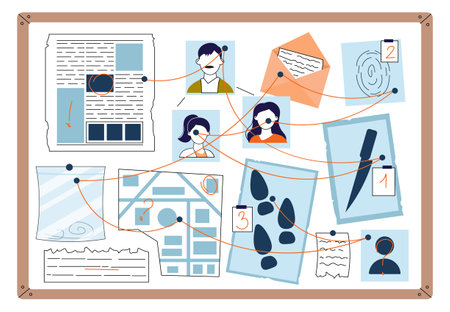 Detectives evidence board. Pictures of people, footprints and map. Police investigation and search for criminal. Police department. Linear vector illustration isolated on white backgroundのイラスト素材