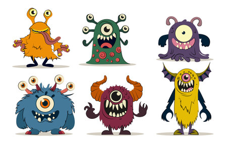 Funny monsters set. Yellow, green and blue demons and devils. Imagination and fantasy, fictional characters. Stickers for social networks. Flat vector collection isolated on white backgroundのイラスト素材